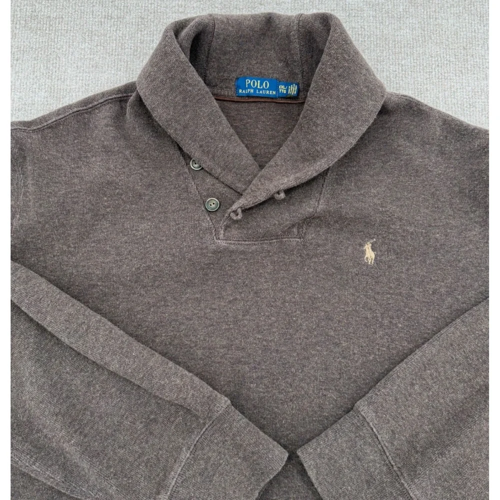 Polo Ralph Lauren Pullover Mens XXL Brown Shawl Collar Button Cotton Sweatshirt